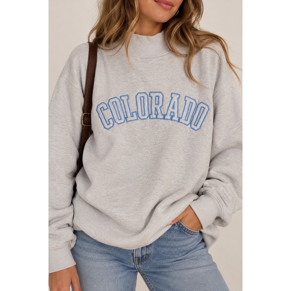 Aerie Colorado Mock Neck Sweatshirt Oatmeal Heather Gray Blue Embroidered Small